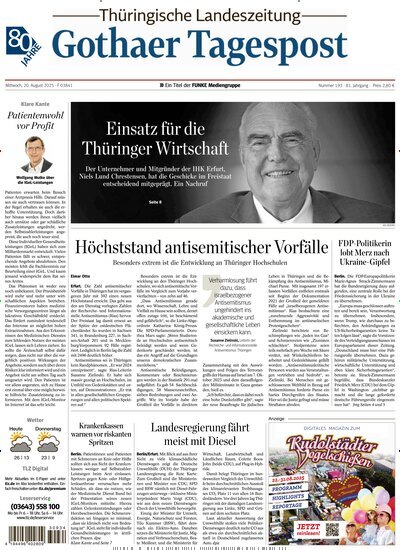 Titelbild der Ausgabe 193/2025 von Thüringische Landeszeitung Gotha. Diese Zeitschrift und viele weitere Zeitungsabos als Abo oder epaper bei United Kiosk online kaufen.