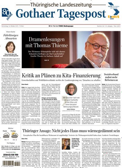 Titelbild der Ausgabe 240/2025 von Thüringische Landeszeitung Gotha. Diese Zeitschrift und viele weitere Zeitungsabos als Abo oder epaper bei United Kiosk online kaufen.