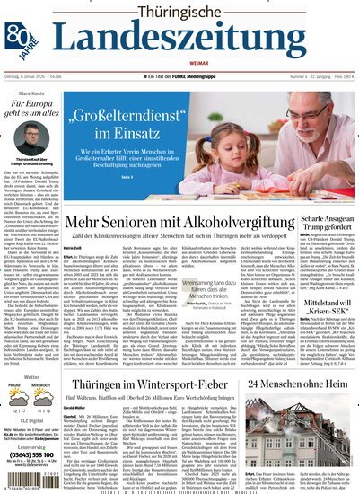 Titelbild der Ausgabe 4/2026 von Thüringische Landeszeitung Weimar. Diese Zeitschrift und viele weitere Zeitungsabos als Abo oder epaper bei United Kiosk online kaufen.