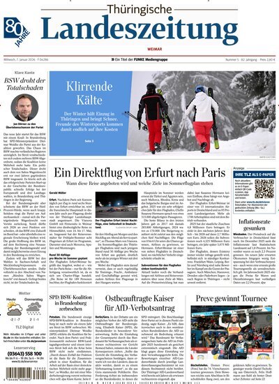 Titelbild der Ausgabe 5/2026 von Thüringische Landeszeitung Weimar. Diese Zeitschrift und viele weitere Zeitungsabos als Abo oder epaper bei United Kiosk online kaufen.