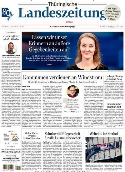 Titelbild der Ausgabe 14/2026 von Thüringische Landeszeitung Weimar. Diese Zeitschrift und viele weitere Zeitungsabos als Abo oder epaper bei United Kiosk online kaufen.