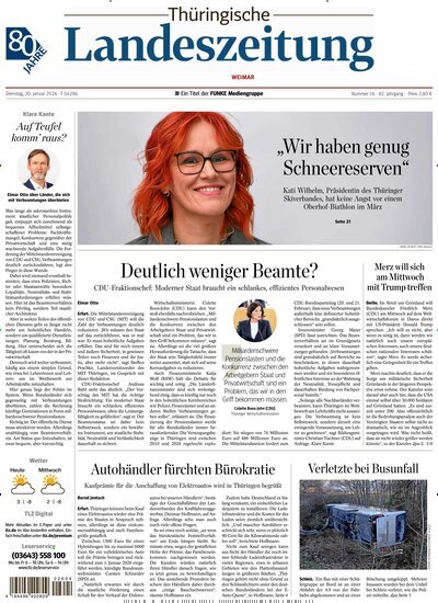 Titelbild der Ausgabe 16/2026 von Thüringische Landeszeitung Weimar. Diese Zeitschrift und viele weitere Zeitungsabos als Abo oder epaper bei United Kiosk online kaufen.
