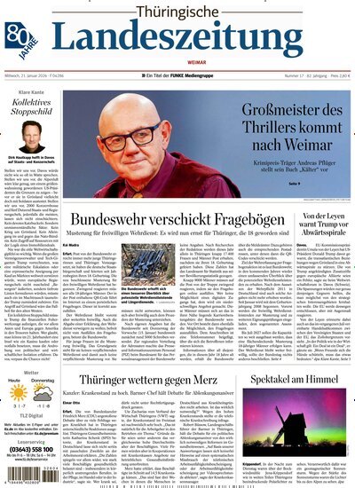 Titelbild der Ausgabe 17/2026 von Thüringische Landeszeitung Weimar. Diese Zeitschrift und viele weitere Zeitungsabos als Abo oder epaper bei United Kiosk online kaufen.