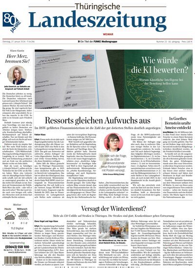 Titelbild der Ausgabe 22/2026 von Thüringische Landeszeitung Weimar. Diese Zeitschrift und viele weitere Zeitungsabos als Abo oder epaper bei United Kiosk online kaufen.