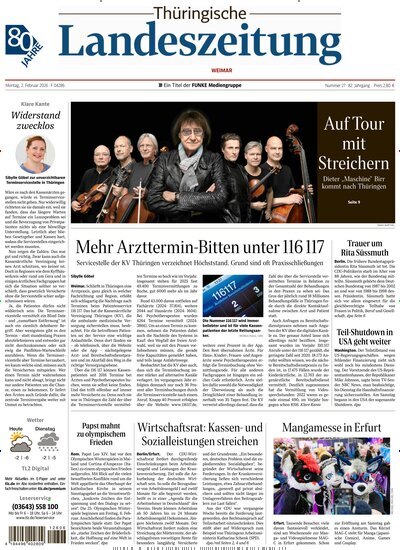 Titelbild der Ausgabe 27/2026 von Thüringische Landeszeitung Weimar. Diese Zeitschrift und viele weitere Zeitungsabos als Abo oder epaper bei United Kiosk online kaufen.
