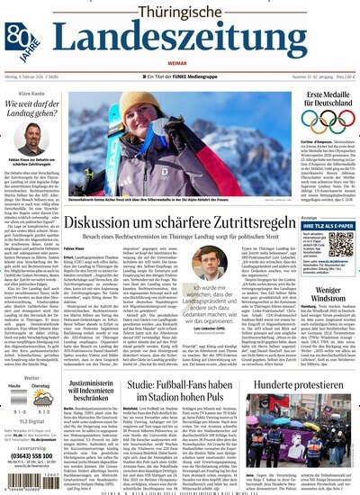 Titelbild der Ausgabe 33/2026 von Thüringische Landeszeitung Weimar. Diese Zeitschrift und viele weitere Zeitungsabos als Abo oder epaper bei United Kiosk online kaufen.