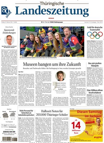 Titelbild der Ausgabe 37/2026 von Thüringische Landeszeitung Weimar. Diese Zeitschrift und viele weitere Zeitungsabos als Abo oder epaper bei United Kiosk online kaufen.