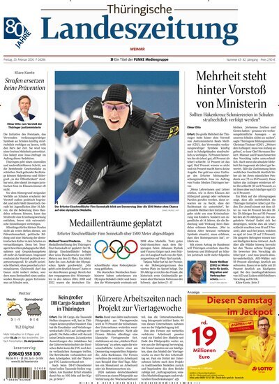 Titelbild der Ausgabe 43/2026 von Thüringische Landeszeitung Weimar. Diese Zeitschrift und viele weitere Zeitungsabos als Abo oder epaper bei United Kiosk online kaufen.