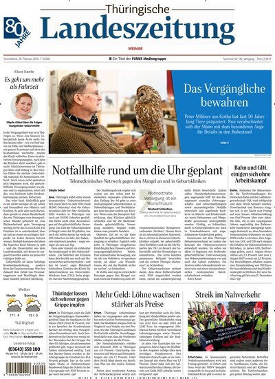 Titelbild der Ausgabe 50/2026 von Thüringische Landeszeitung Weimar. Diese Zeitschrift und viele weitere Zeitungsabos als Abo oder epaper bei United Kiosk online kaufen.