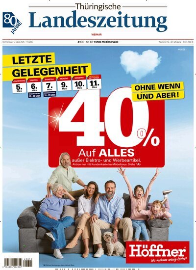 Titelbild der Ausgabe 54/2026 von Thüringische Landeszeitung Weimar. Diese Zeitschrift und viele weitere Zeitungsabos als Abo oder epaper bei United Kiosk online kaufen.