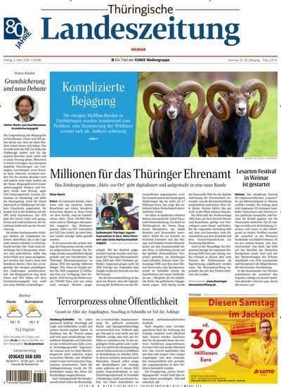 Titelbild der Ausgabe 55/2026 von Thüringische Landeszeitung Weimar. Diese Zeitschrift und viele weitere Zeitungsabos als Abo oder epaper bei United Kiosk online kaufen.