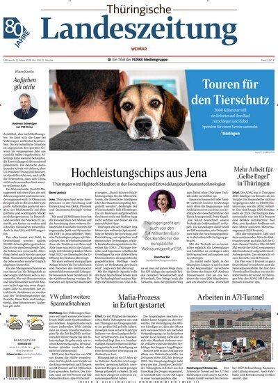 Titelbild der Ausgabe 59/2026 von Thüringische Landeszeitung Weimar. Diese Zeitschrift und viele weitere Zeitungsabos als Abo oder epaper bei United Kiosk online kaufen.