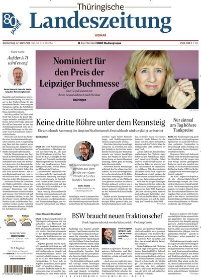 Titelbild der Ausgabe 60/2026 von Thüringische Landeszeitung Weimar. Diese Zeitschrift und viele weitere Zeitungsabos als Abo oder epaper bei United Kiosk online kaufen.