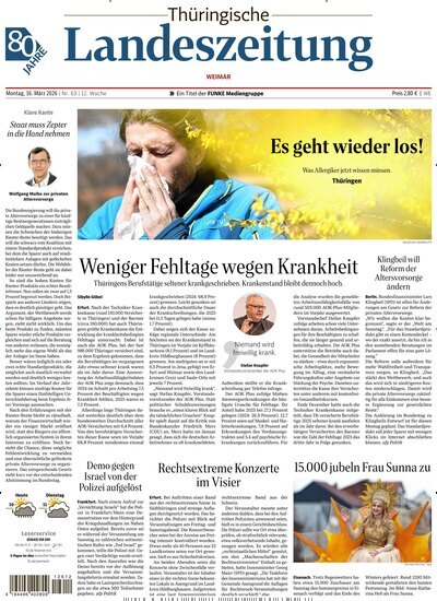 Titelbild der Ausgabe 63/2026 von Thüringische Landeszeitung Weimar. Diese Zeitschrift und viele weitere Zeitungsabos als Abo oder epaper bei United Kiosk online kaufen.
