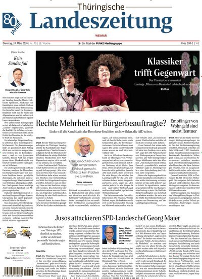 Titelbild der Ausgabe 70/2026 von Thüringische Landeszeitung Weimar. Diese Zeitschrift und viele weitere Zeitungsabos als Abo oder epaper bei United Kiosk online kaufen.