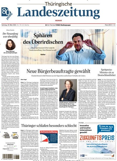 Titelbild der Ausgabe 74/2026 von Thüringische Landeszeitung Weimar. Diese Zeitschrift und viele weitere Zeitungsabos als Abo oder epaper bei United Kiosk online kaufen.