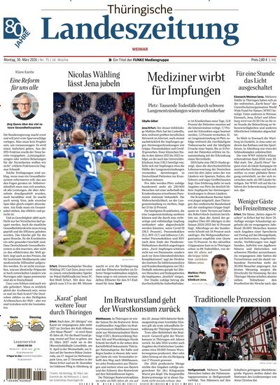 Titelbild der Ausgabe 75/2026 von Thüringische Landeszeitung Weimar. Diese Zeitschrift und viele weitere Zeitungsabos als Abo oder epaper bei United Kiosk online kaufen.