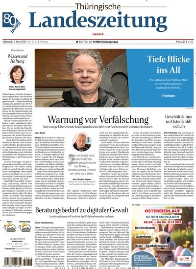 Titelbild der Ausgabe 77/2026 von Thüringische Landeszeitung Weimar. Diese Zeitschrift und viele weitere Zeitungsabos als Abo oder epaper bei United Kiosk online kaufen.