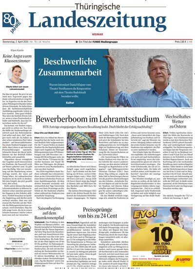 Titelbild der Ausgabe 78/2026 von Thüringische Landeszeitung Weimar. Diese Zeitschrift und viele weitere Zeitungsabos als Abo oder epaper bei United Kiosk online kaufen.