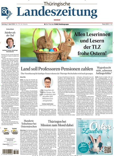 Titelbild der Ausgabe 79/2026 von Thüringische Landeszeitung Weimar. Diese Zeitschrift und viele weitere Zeitungsabos als Abo oder epaper bei United Kiosk online kaufen.