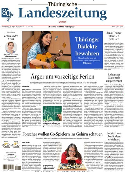 Titelbild der Ausgabe 88/2026 von Thüringische Landeszeitung Weimar. Diese Zeitschrift und viele weitere Zeitungsabos als Abo oder epaper bei United Kiosk online kaufen.