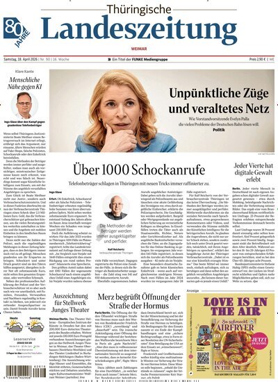 Titelbild der Ausgabe 90/2026 von Thüringische Landeszeitung Weimar. Diese Zeitschrift und viele weitere Zeitungsabos als Abo oder epaper bei United Kiosk online kaufen.