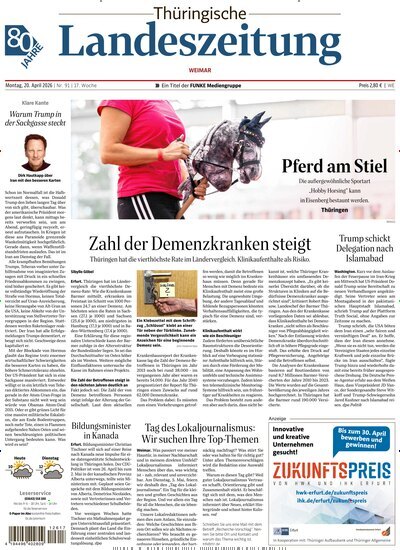 Titelbild der Ausgabe 91/2026 von Thüringische Landeszeitung Weimar. Diese Zeitschrift und viele weitere Zeitungsabos als Abo oder epaper bei United Kiosk online kaufen.
