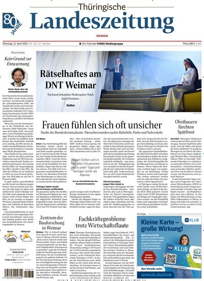 Titelbild der Ausgabe 92/2026 von Thüringische Landeszeitung Weimar. Diese Zeitschrift und viele weitere Zeitungsabos als Abo oder epaper bei United Kiosk online kaufen.