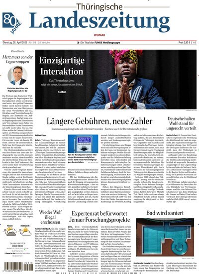Titelbild der Ausgabe 98/2026 von Thüringische Landeszeitung Weimar. Diese Zeitschrift und viele weitere Zeitungsabos als Abo oder epaper bei United Kiosk online kaufen.