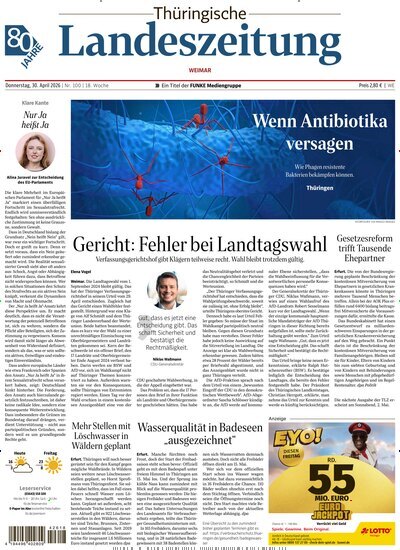 Titelbild der Ausgabe 100/2026 von Thüringische Landeszeitung Weimar. Diese Zeitschrift und viele weitere Zeitungsabos als Abo oder epaper bei United Kiosk online kaufen.