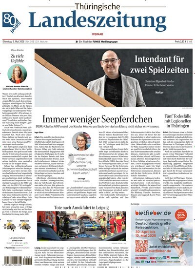 Titelbild der Ausgabe 103/2026 von Thüringische Landeszeitung Weimar. Diese Zeitschrift und viele weitere Zeitungsabos als Abo oder epaper bei United Kiosk online kaufen.