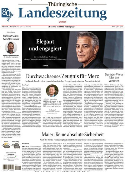 Titelbild der Ausgabe 104/2026 von Thüringische Landeszeitung Weimar. Diese Zeitschrift und viele weitere Zeitungsabos als Abo oder epaper bei United Kiosk online kaufen.