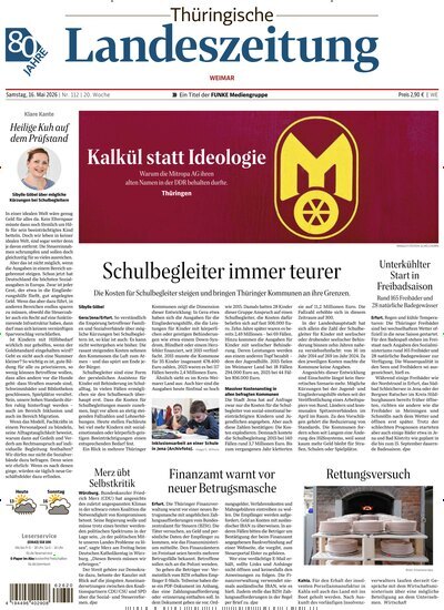 Titelbild der Ausgabe 112/2026 von Thüringische Landeszeitung Weimar. Diese Zeitschrift und viele weitere Zeitungsabos als Abo oder epaper bei United Kiosk online kaufen.