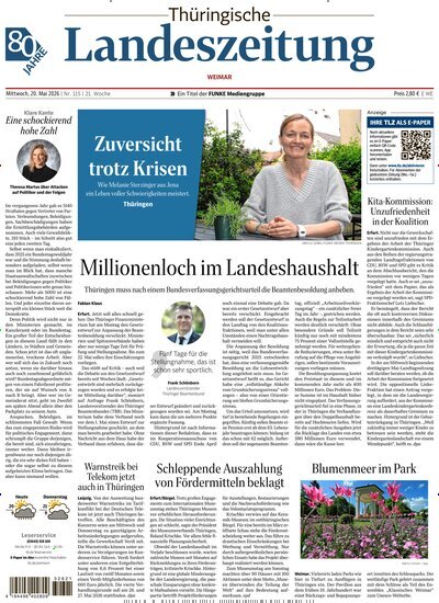 Titelbild der Ausgabe 115/2026 von Thüringische Landeszeitung Weimar. Diese Zeitschrift und viele weitere Zeitungsabos als Abo oder epaper bei United Kiosk online kaufen.