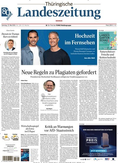 Titelbild der Ausgabe 118/2026 von Thüringische Landeszeitung Weimar. Diese Zeitschrift und viele weitere Zeitungsabos als Abo oder epaper bei United Kiosk online kaufen.