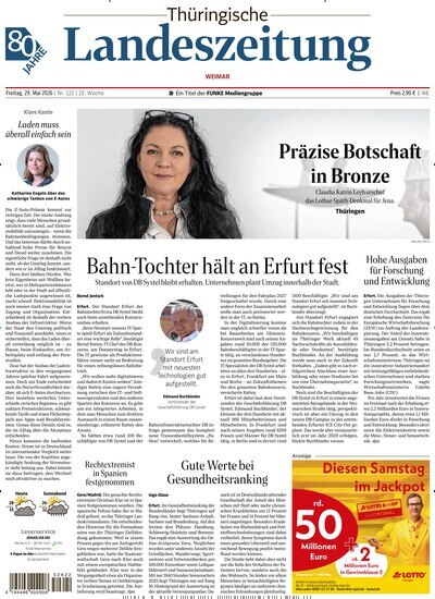 Titelbild der Ausgabe 122/2026 von Thüringische Landeszeitung Weimar. Diese Zeitschrift und viele weitere Zeitungsabos als Abo oder epaper bei United Kiosk online kaufen.
