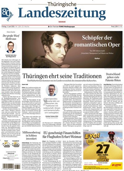 Titelbild der Ausgabe 128/2026 von Thüringische Landeszeitung Weimar. Diese Zeitschrift und viele weitere Zeitungsabos als Abo oder epaper bei United Kiosk online kaufen.