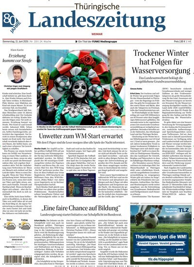 Titelbild der Ausgabe 133/2026 von Thüringische Landeszeitung Weimar. Diese Zeitschrift und viele weitere Zeitungsabos als Abo oder epaper bei United Kiosk online kaufen.