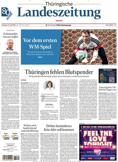 Titelbild der Ausgabe 135/2026 von Thüringische Landeszeitung Weimar. Diese Zeitschrift und viele weitere Zeitungsabos als Abo oder epaper bei United Kiosk online kaufen.