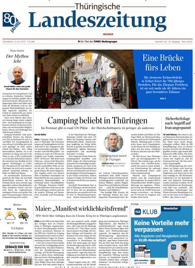 Titelbild der Ausgabe 136/2025 von Thüringische Landeszeitung Weimar. Diese Zeitschrift und viele weitere Zeitungsabos als Abo oder epaper bei United Kiosk online kaufen.