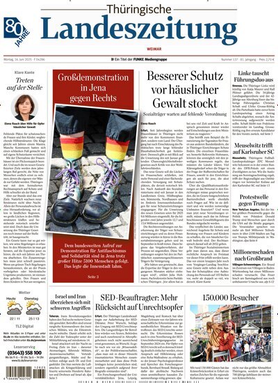 Titelbild der Ausgabe 137/2025 von Thüringische Landeszeitung Weimar. Diese Zeitschrift und viele weitere Zeitungsabos als Abo oder epaper bei United Kiosk online kaufen.