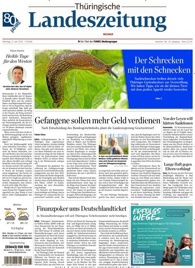 Titelbild der Ausgabe 138/2025 von Thüringische Landeszeitung Weimar. Diese Zeitschrift und viele weitere Zeitungsabos als Abo oder epaper bei United Kiosk online kaufen.