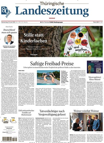 Titelbild der Ausgabe 139/2026 von Thüringische Landeszeitung Weimar. Diese Zeitschrift und viele weitere Zeitungsabos als Abo oder epaper bei United Kiosk online kaufen.