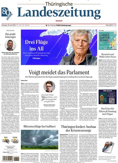 Titelbild der Ausgabe 141/2026 von Thüringische Landeszeitung Weimar. Diese Zeitschrift und viele weitere Zeitungsabos als Abo oder epaper bei United Kiosk online kaufen.