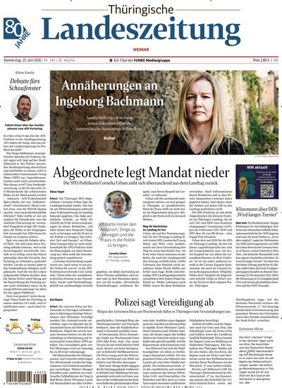 Titelbild der Ausgabe 145/2026 von Thüringische Landeszeitung Weimar. Diese Zeitschrift und viele weitere Zeitungsabos als Abo oder epaper bei United Kiosk online kaufen.