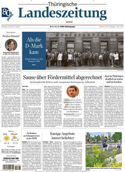 Titelbild der Ausgabe 150/2025 von Thüringische Landeszeitung Weimar. Diese Zeitschrift und viele weitere Zeitungsabos als Abo oder epaper bei United Kiosk online kaufen.