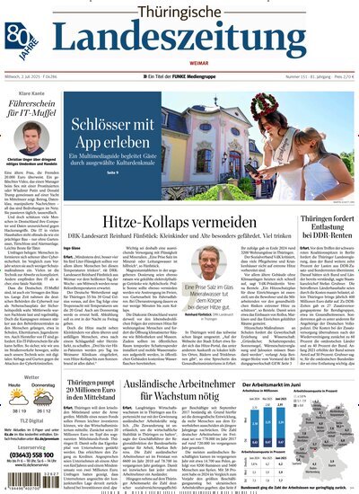 Titelbild der Ausgabe 151/2025 von Thüringische Landeszeitung Weimar. Diese Zeitschrift und viele weitere Zeitungsabos als Abo oder epaper bei United Kiosk online kaufen.