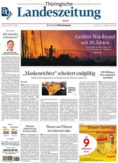Titelbild der Ausgabe 153/2025 von Thüringische Landeszeitung Weimar. Diese Zeitschrift und viele weitere Zeitungsabos als Abo oder epaper bei United Kiosk online kaufen.