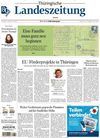 Titelbild der Ausgabe 154/2025 von Thüringische Landeszeitung Weimar. Diese Zeitschrift und viele weitere Zeitungsabos als Abo oder epaper bei United Kiosk online kaufen.