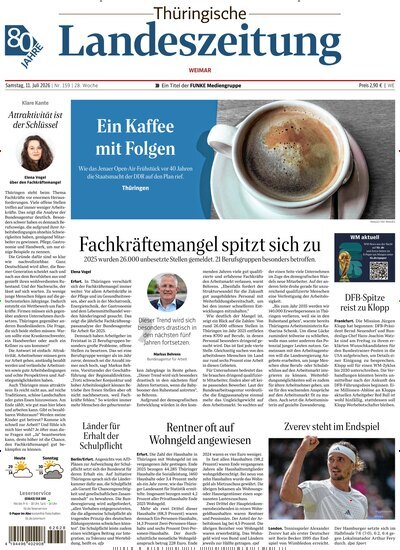 Titelbild der Ausgabe 159/2026 von Thüringische Landeszeitung Weimar. Diese Zeitschrift und viele weitere Zeitungsabos als Abo oder epaper bei United Kiosk online kaufen.
